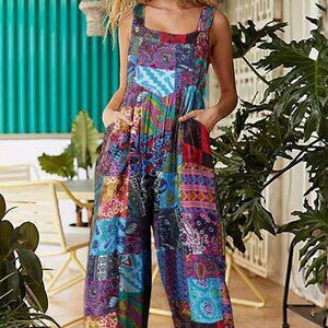 Women's Patchwork Print Sleeveless Square-neck Overalls